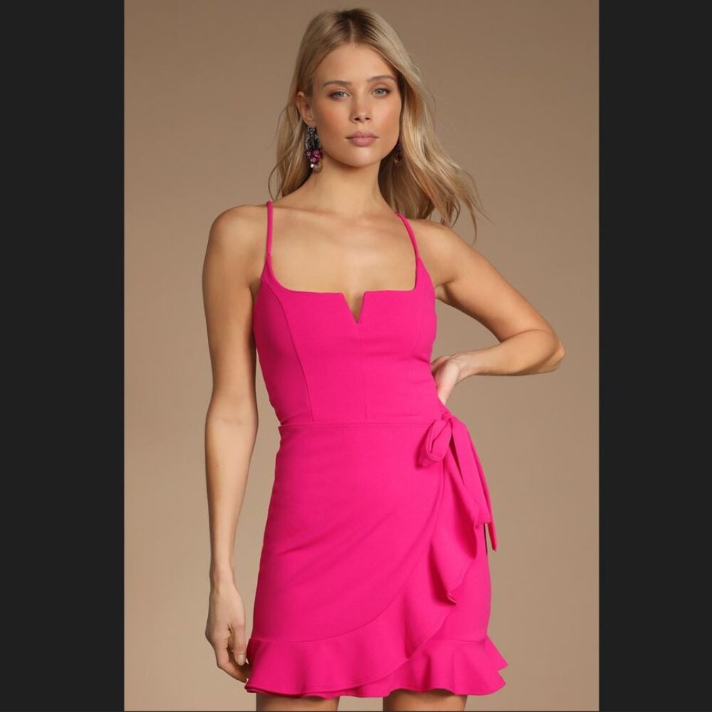 Lulu's Cheers to Chic Hot Pink Tie-Front Ruffled Mini Dress - Medium